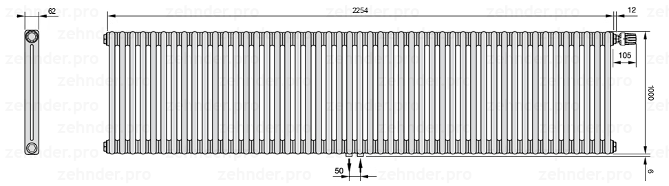 Схема (чертеж) Радиатор Zehnder Charleston 2100/49 №V008 Белый глянцевый RAL 9016